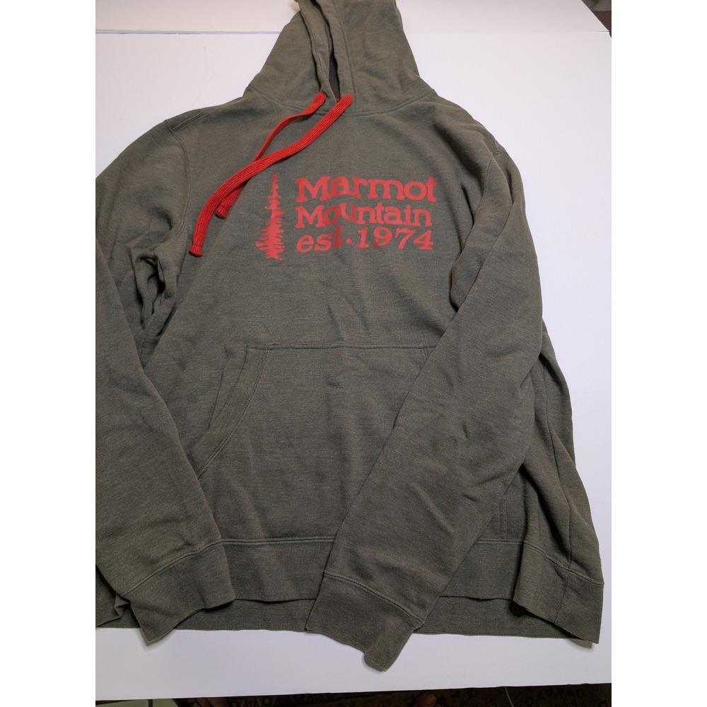 Marmot‎ Mountain Est 1974 Hoodie Mens XL Olive Green Red Graphic Sweatshirt